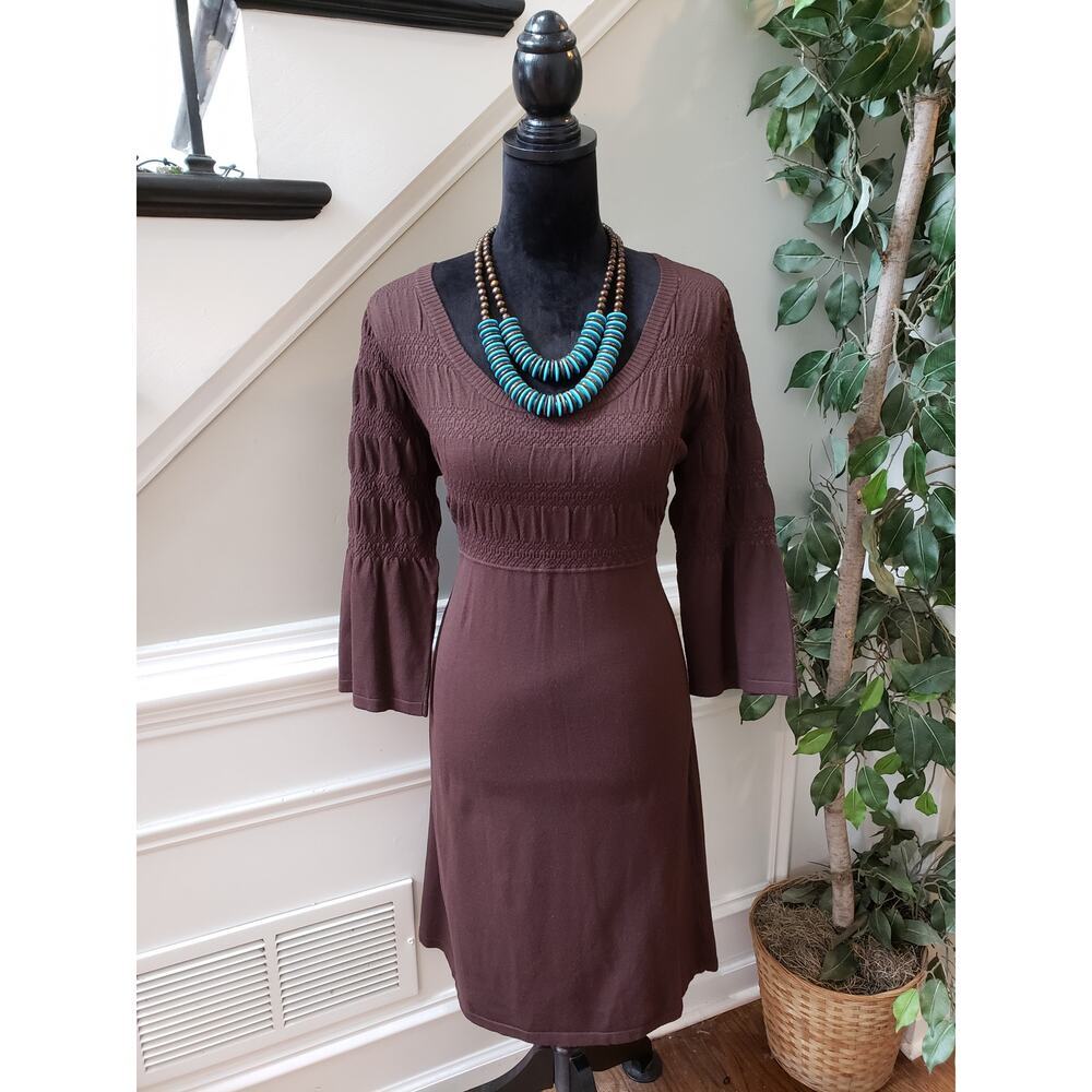 Style & Co. Dress Women's Medium Brown Smocked Bell Sleeve Casual Knit Dress